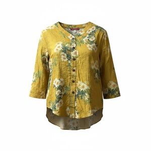 Floral Linen Button-Front Yellow Floral Boho Women’s Top